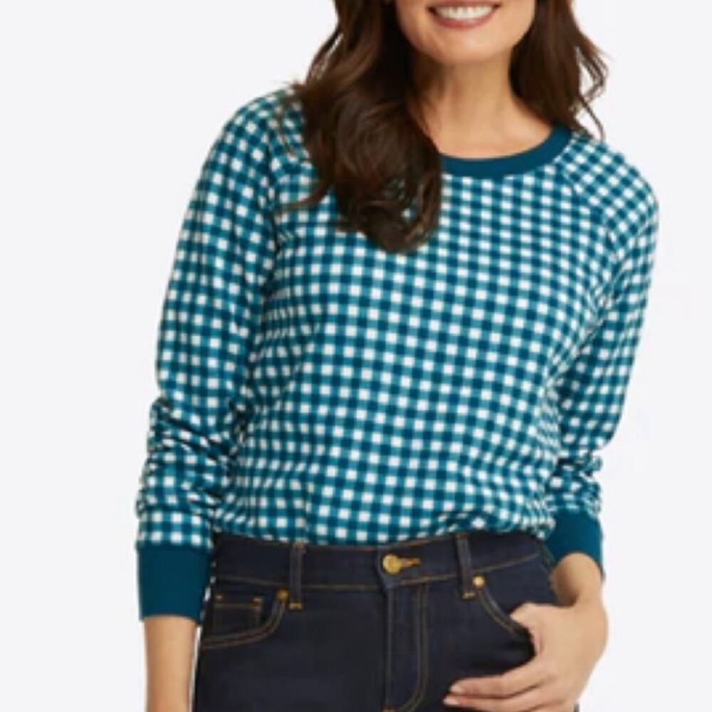 Draper James Natalie Green &‎ White Gingham Print Long Sleeve Sweatshirt Sz M